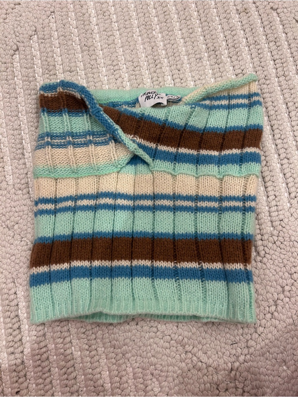 Striped Ribbed Knit Sweater - Mint, Cream, Blue, Brown